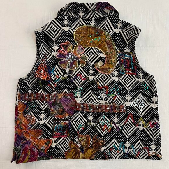 Chicos Maximalist Black & White Vest Silk Heavy Embroidery Rainbow Sz 3/XL Artsy - Picture 4 of 5